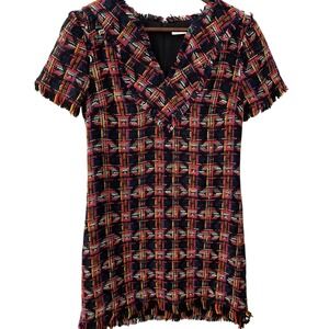 Trina Turk Leanne Tweed Fringed Mini Colorful Classic Dress  back zipper size 2